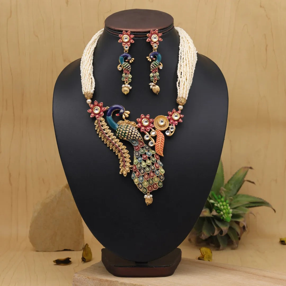Kundan Kette lang mit Ohrringe - Weiß| Perlen - Lange