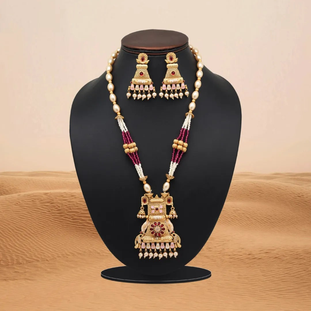 Kundan Kette lang mit Ohrringe - Weiß| Perlen - Lange