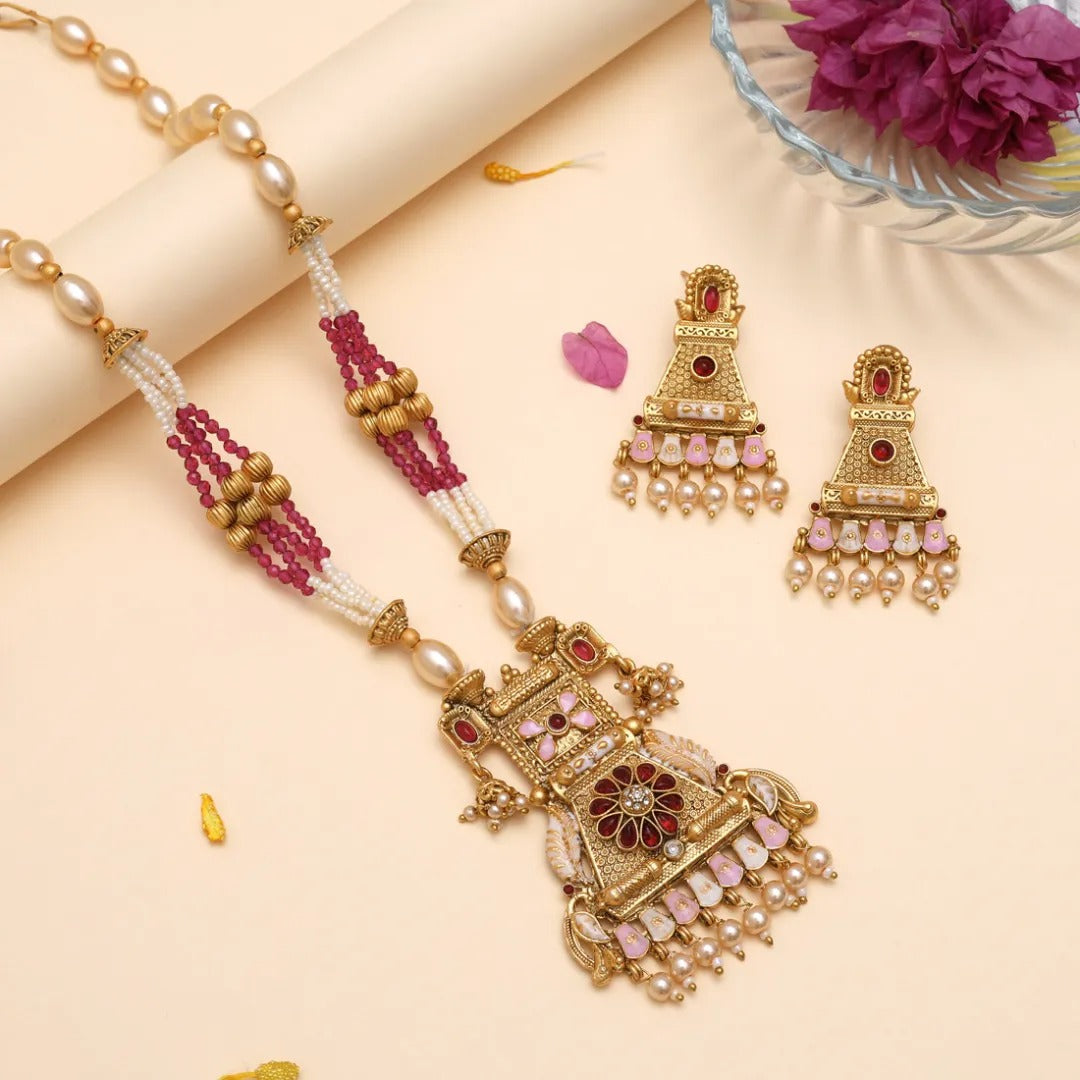 Kundan Kette lang mit Ohrringe - Weiß| Perlen - Lange