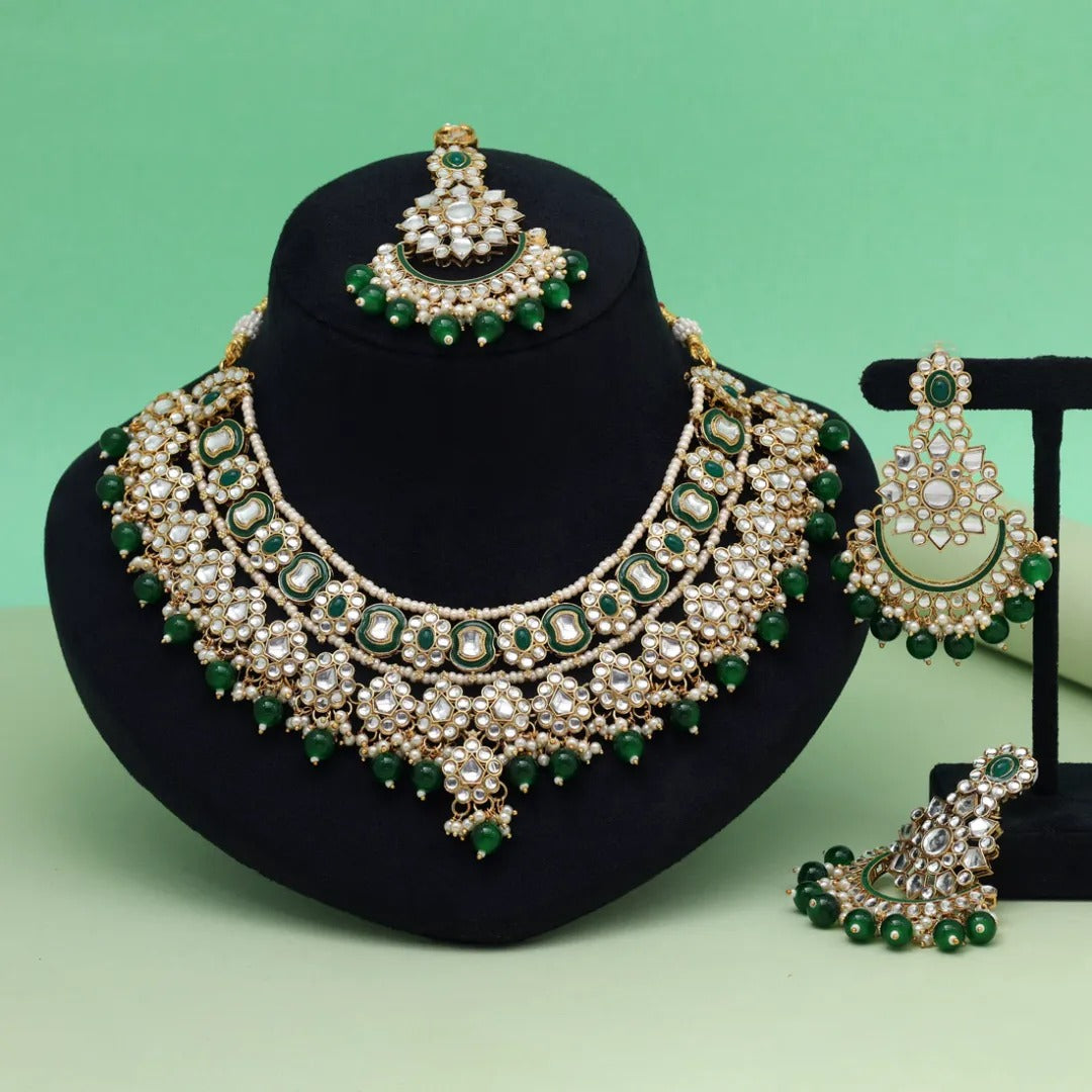Kundan Necklace with Earrings & Tikka - gold | white