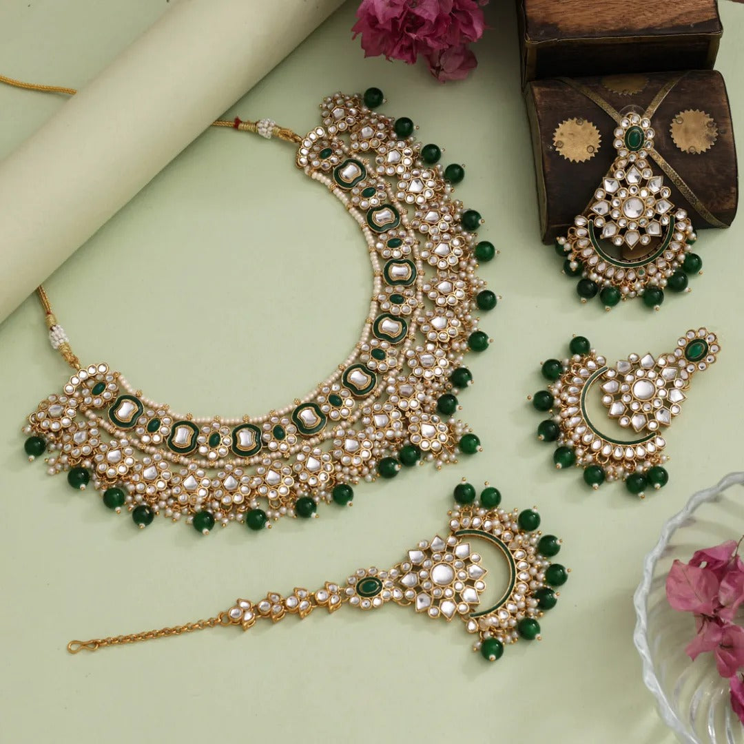 Kundan Necklace with Earrings & Tikka - gold | white