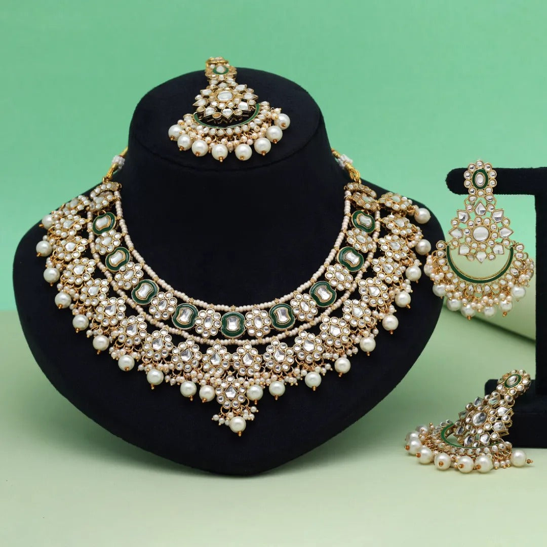 Kundan Necklace with Earrings & Tikka - gold | white