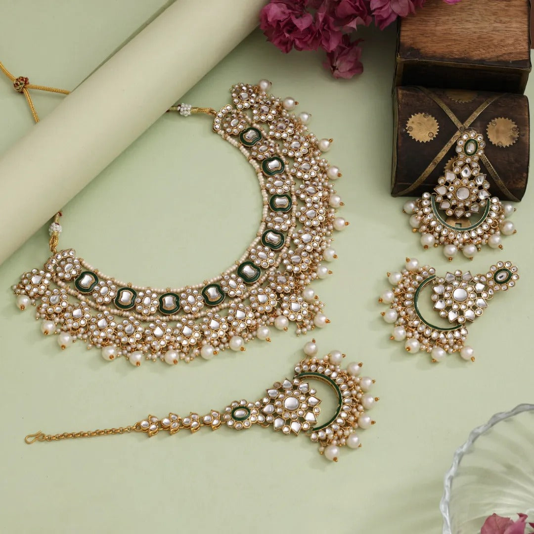 Kundan Necklace with Earrings & Tikka - gold | white