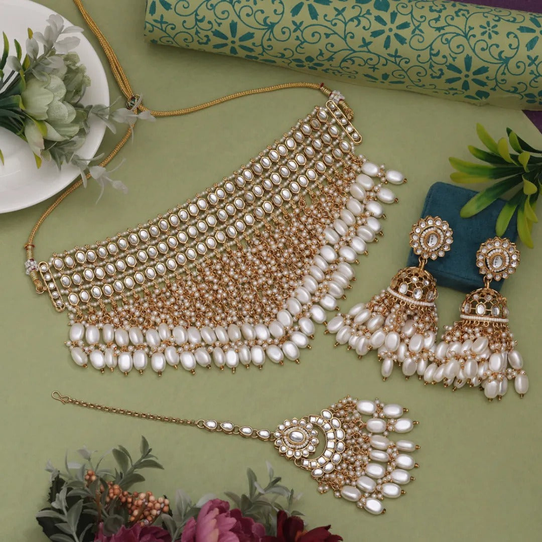 Kundan Necklace with Earrings & Tikka - gold | white