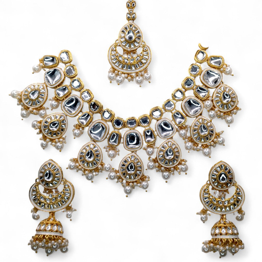 Kundan Halskette mit Ohrringe & Tikka - gold | weis