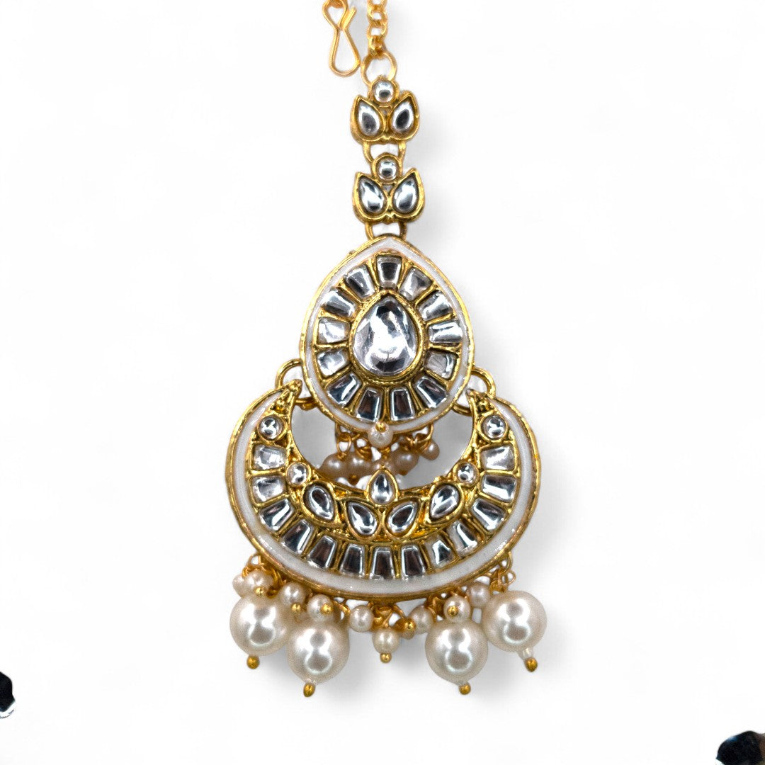 Kundan Halskette mit Ohrringe & Tikka - gold | weis