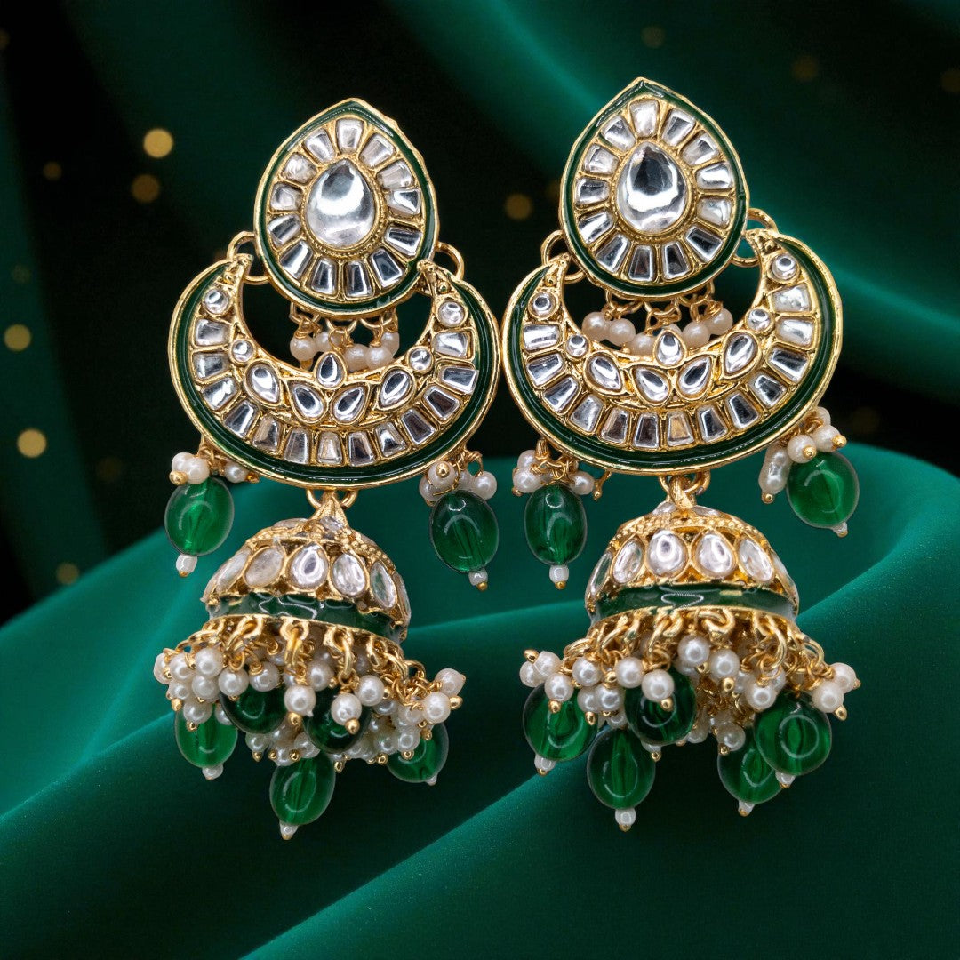 Kundan Halskette mit Ohrringe & Tikka - gold |grün
