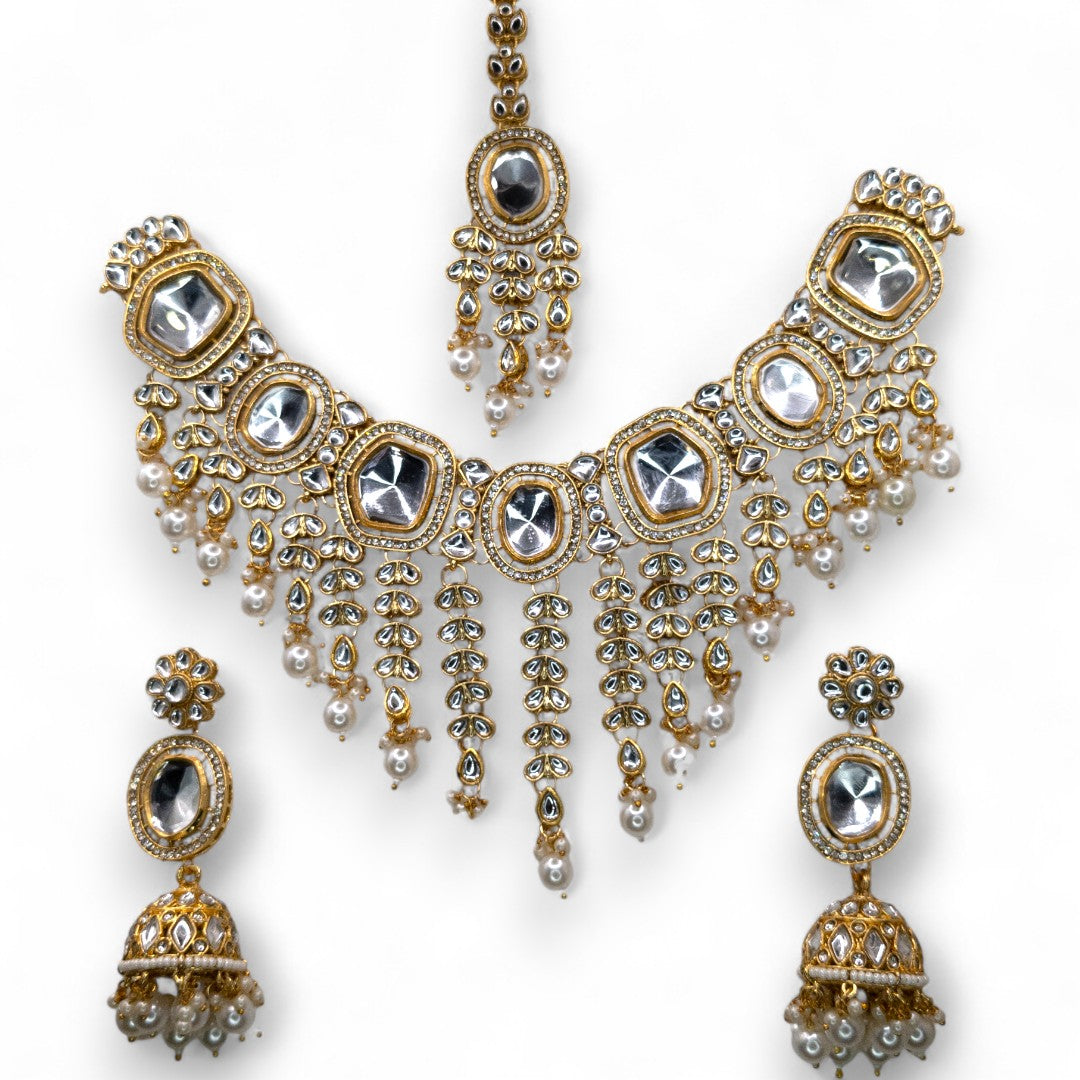 Kundan Halskette mit Ohrringe & Tikka - gold | weiß