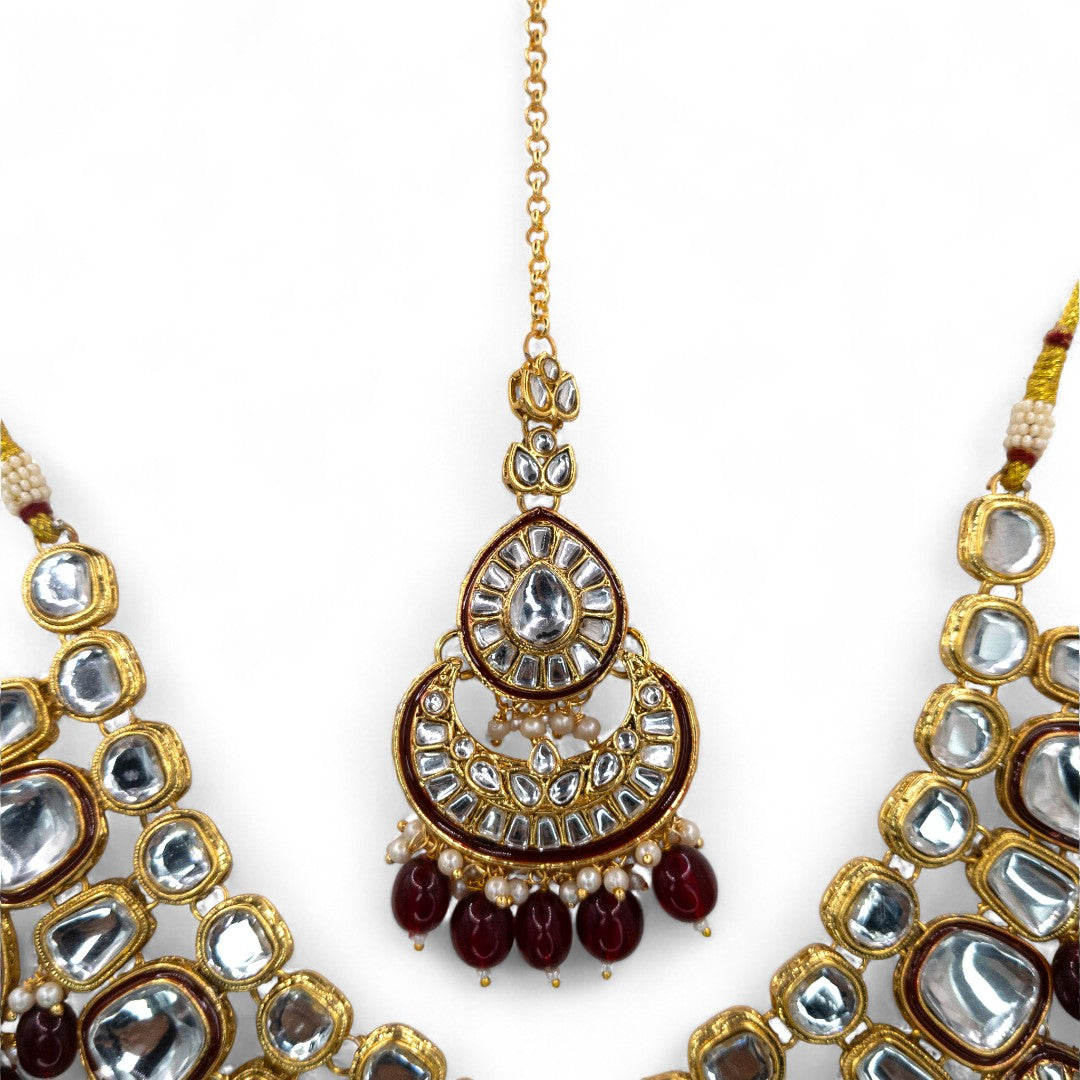 Kundan Halskette mit Ohrringe & Tikka - gold | maroon