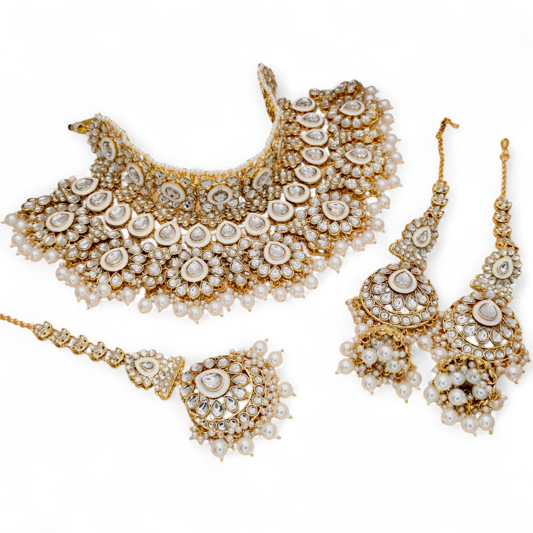 Kundan Necklace with Earrings & Tikka - gold | white