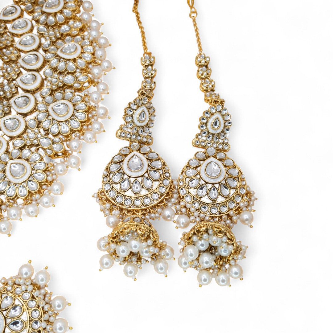 Kundan Necklace with Earrings & Tikka - gold | white