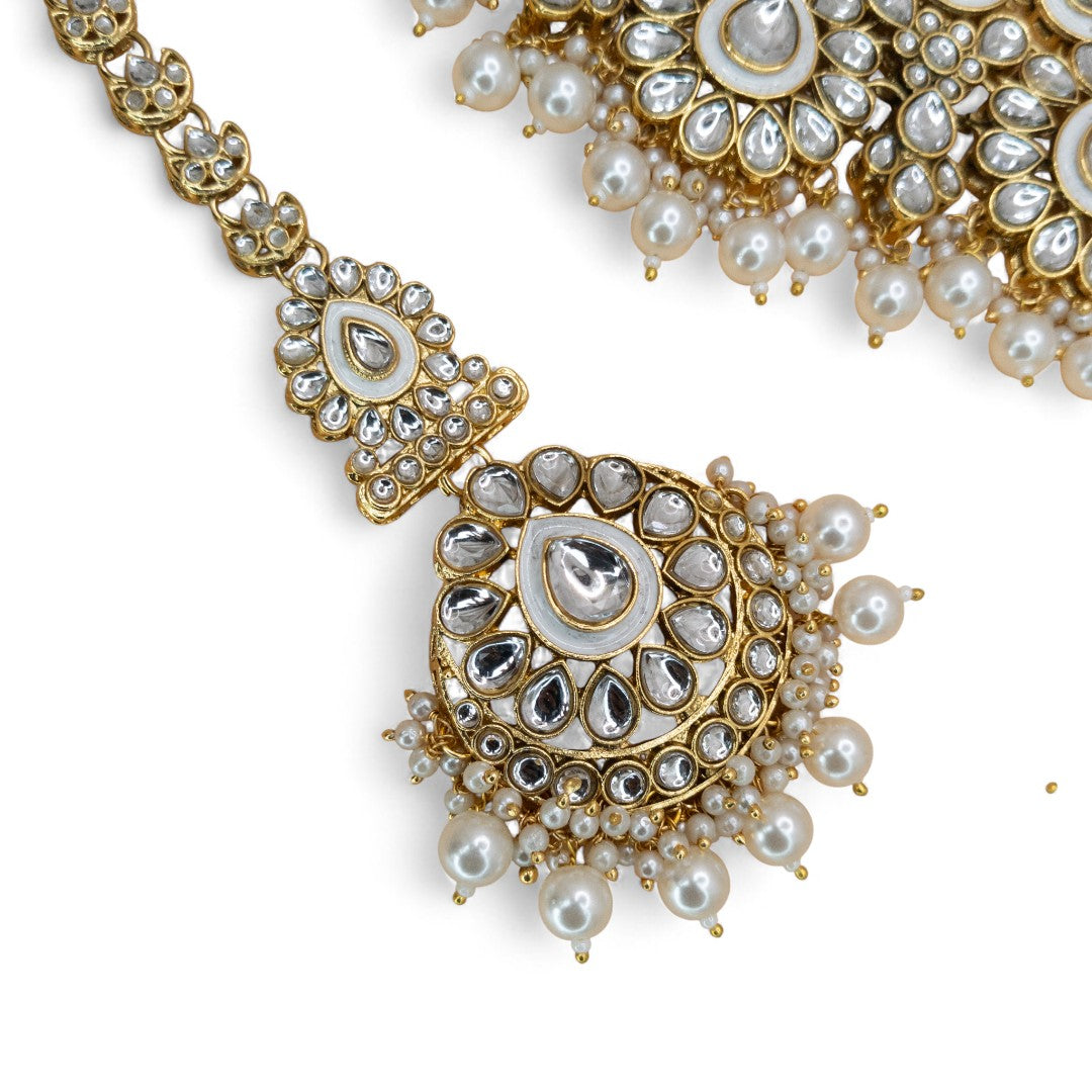 Kundan Necklace with Earrings & Tikka - gold | white