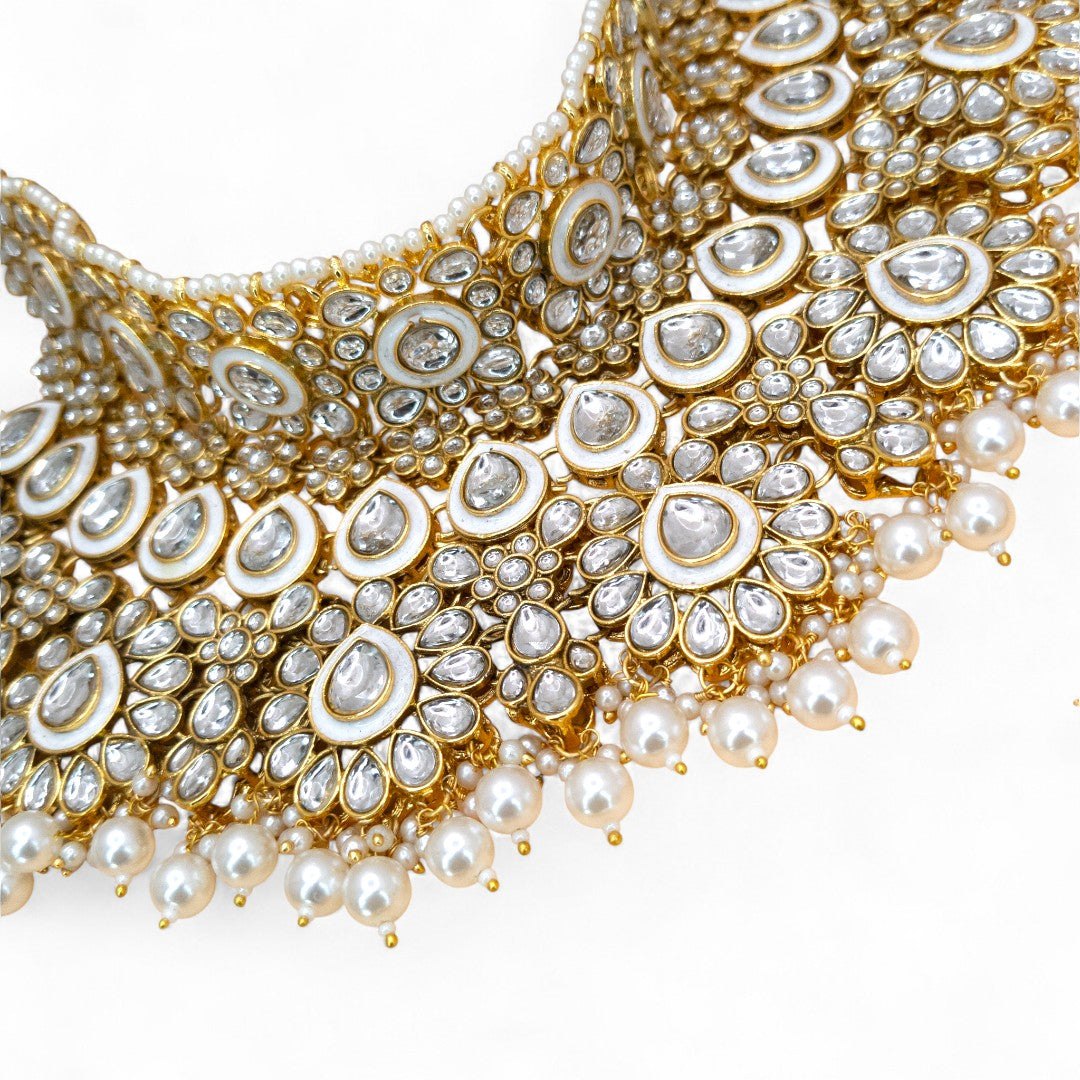 Kundan Necklace with Earrings & Tikka - gold | white