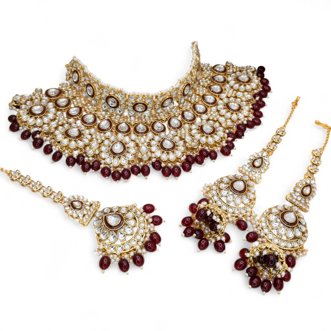 Kundan Necklace with Earrings & Tikka - gold | white