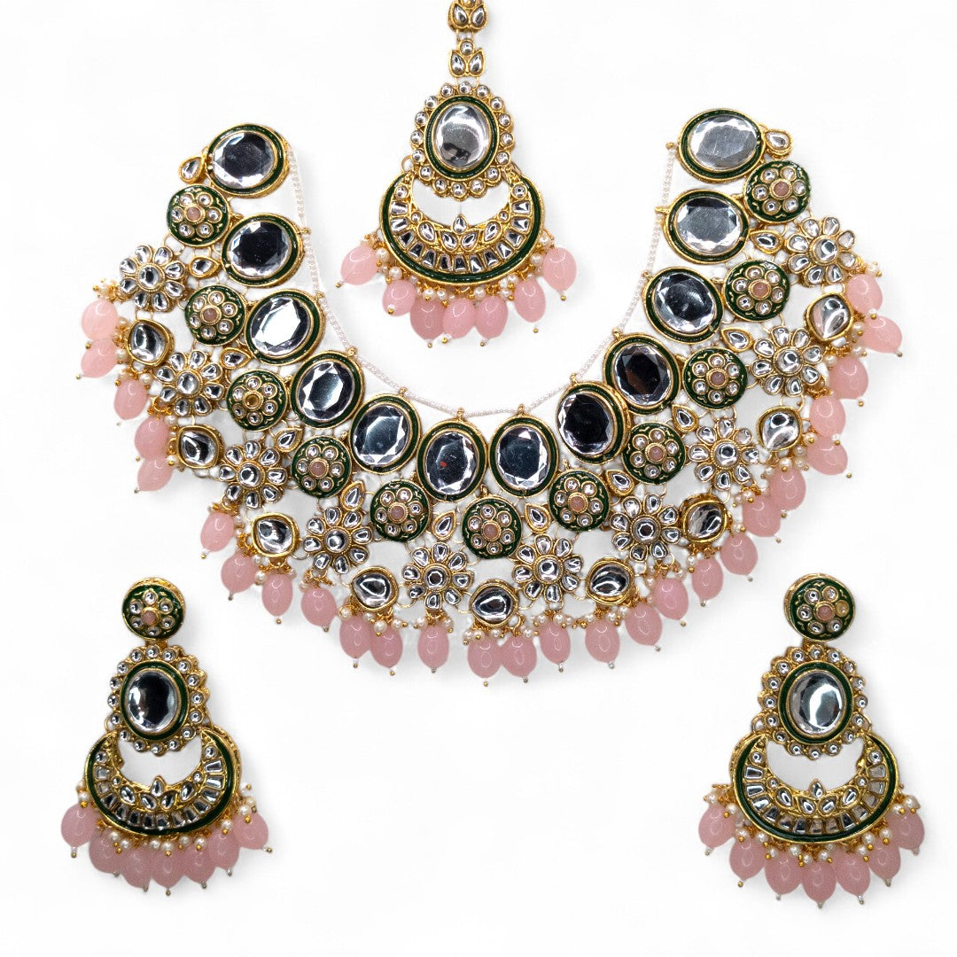 Kundan Choker Halskette mit Ohrringe & Tikka - gold | rosa
