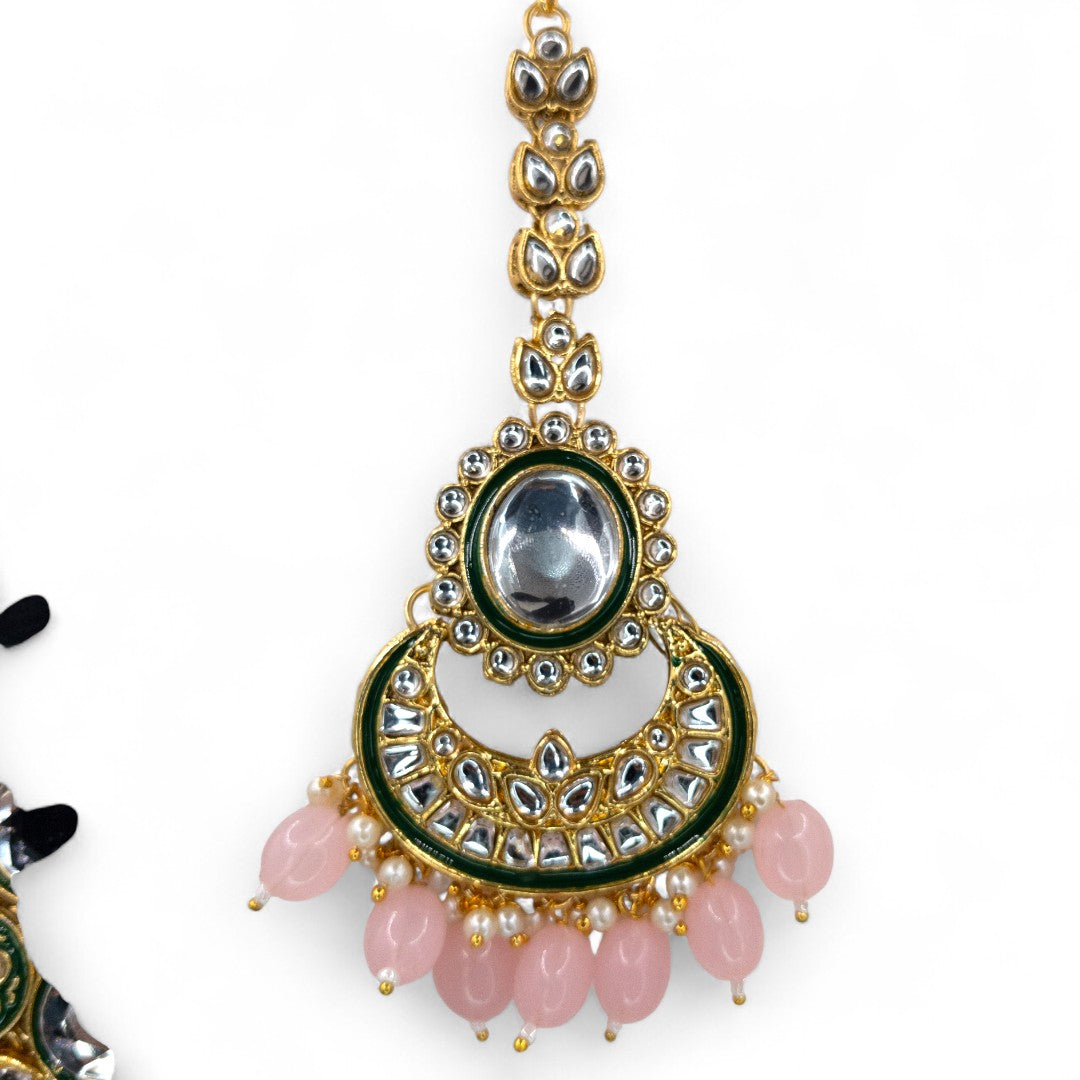 Kundan Choker Halskette mit Ohrringe & Tikka - gold | rosa