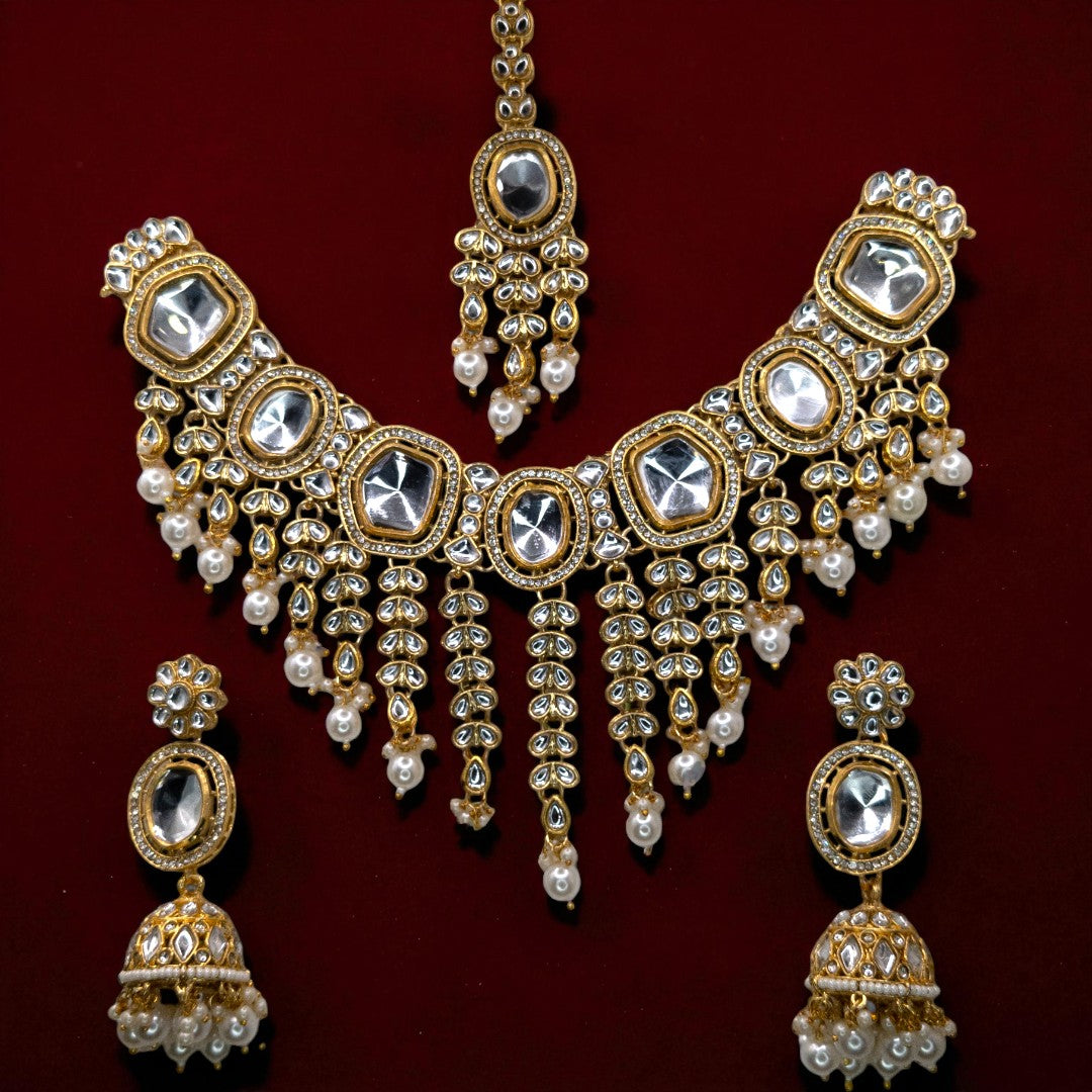 Kundan Halskette mit Ohrringe & Tikka - gold | weiß