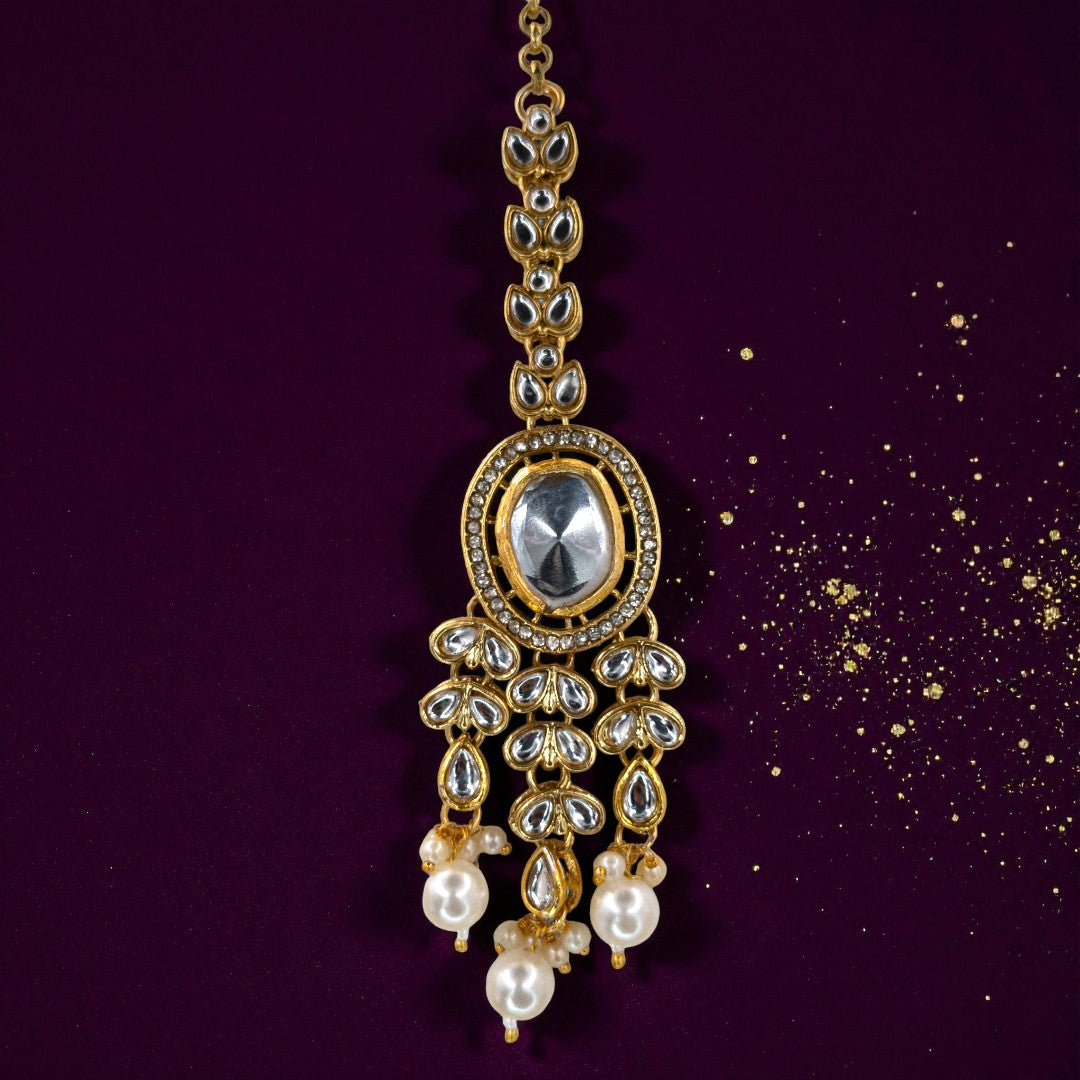 Kundan Halskette mit Ohrringe & Tikka - gold | weiß