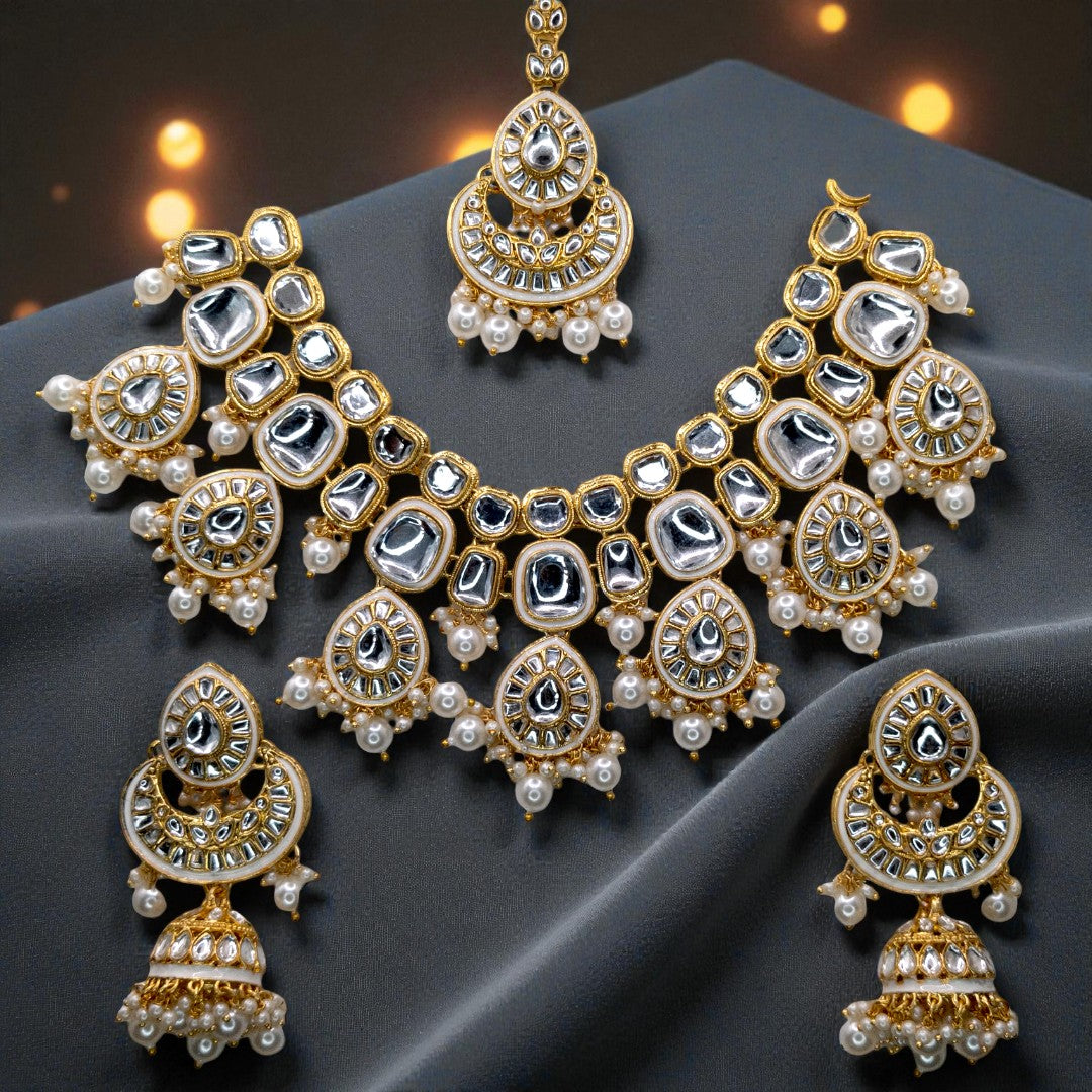 Kundan Halskette mit Ohrringe & Tikka - gold | weis