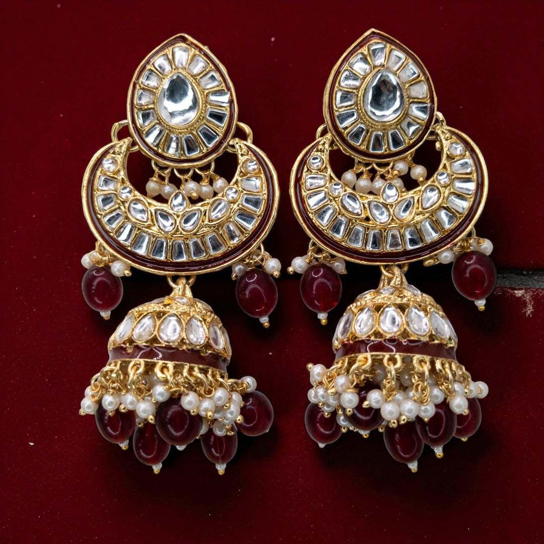 Kundan Halskette mit Ohrringe & Tikka - gold | maroon