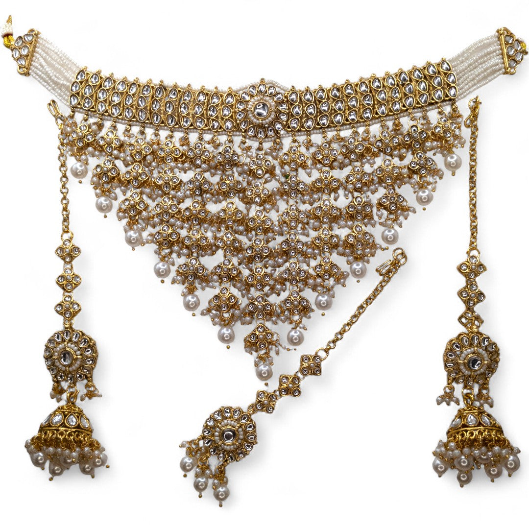 Kundan Necklace with Earrings & Tikka - gold | white