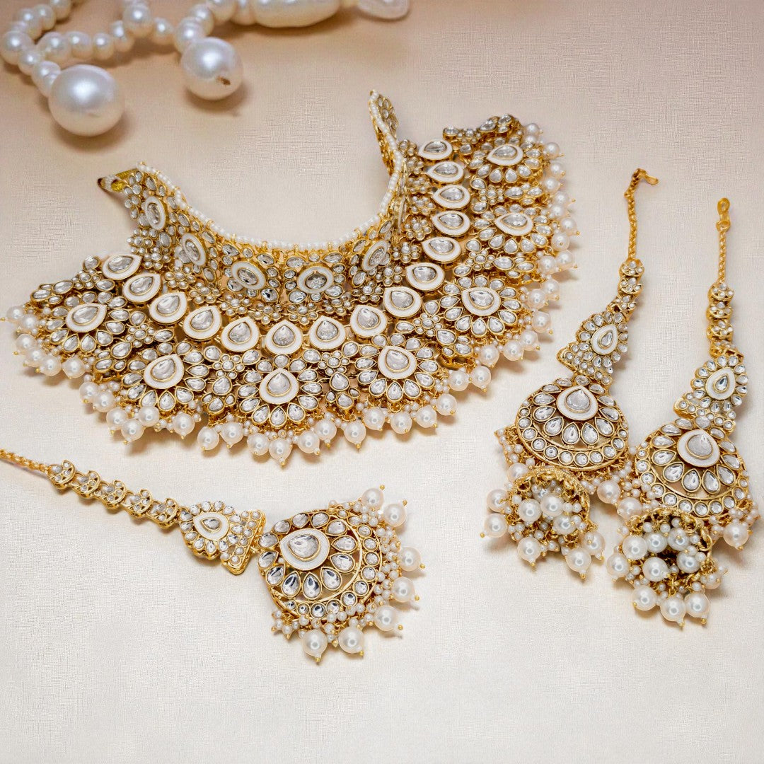 Kundan Necklace with Earrings & Tikka - gold | white