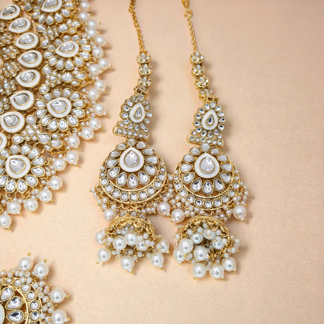 Kundan Necklace with Earrings & Tikka - gold | white