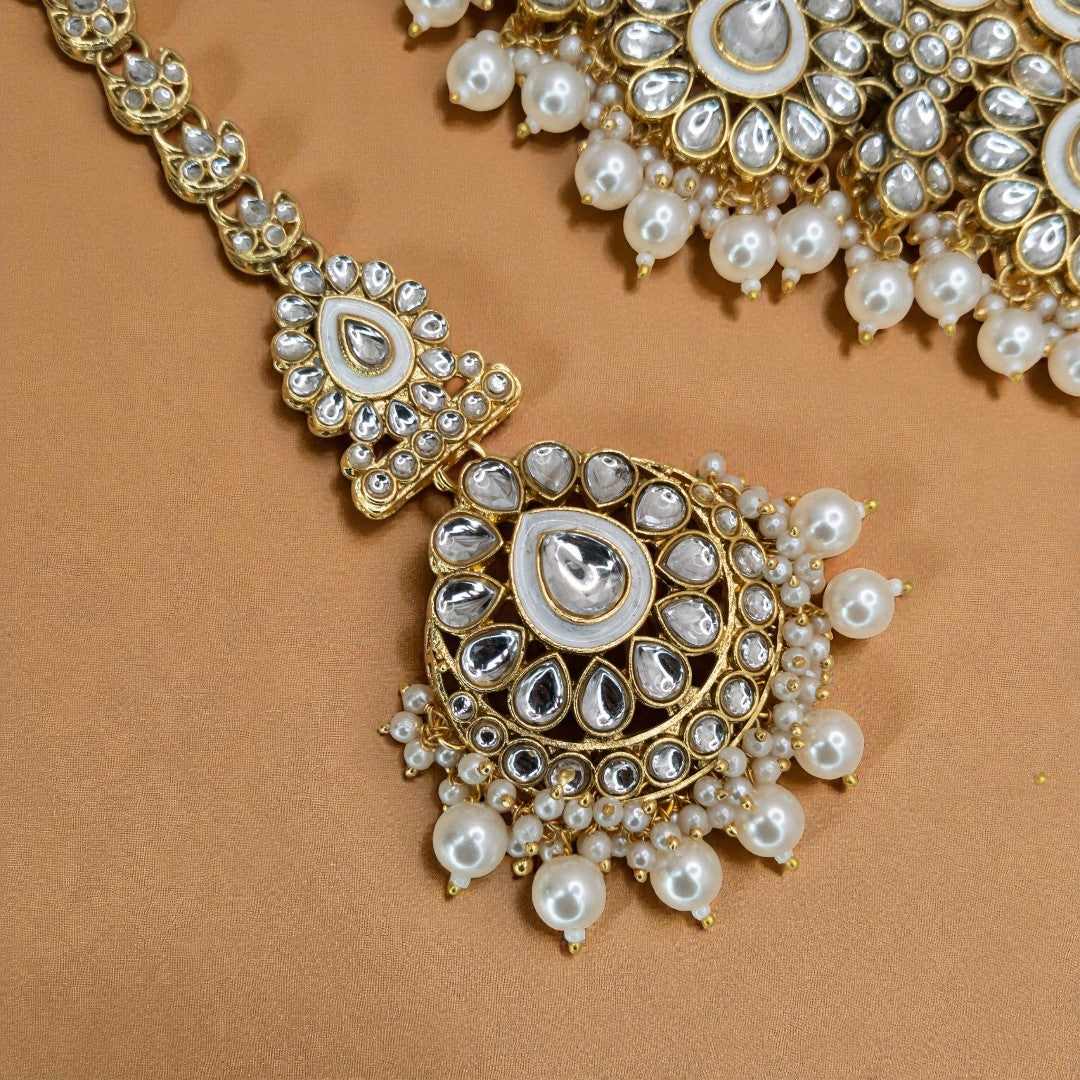 Kundan Necklace with Earrings & Tikka - gold | white
