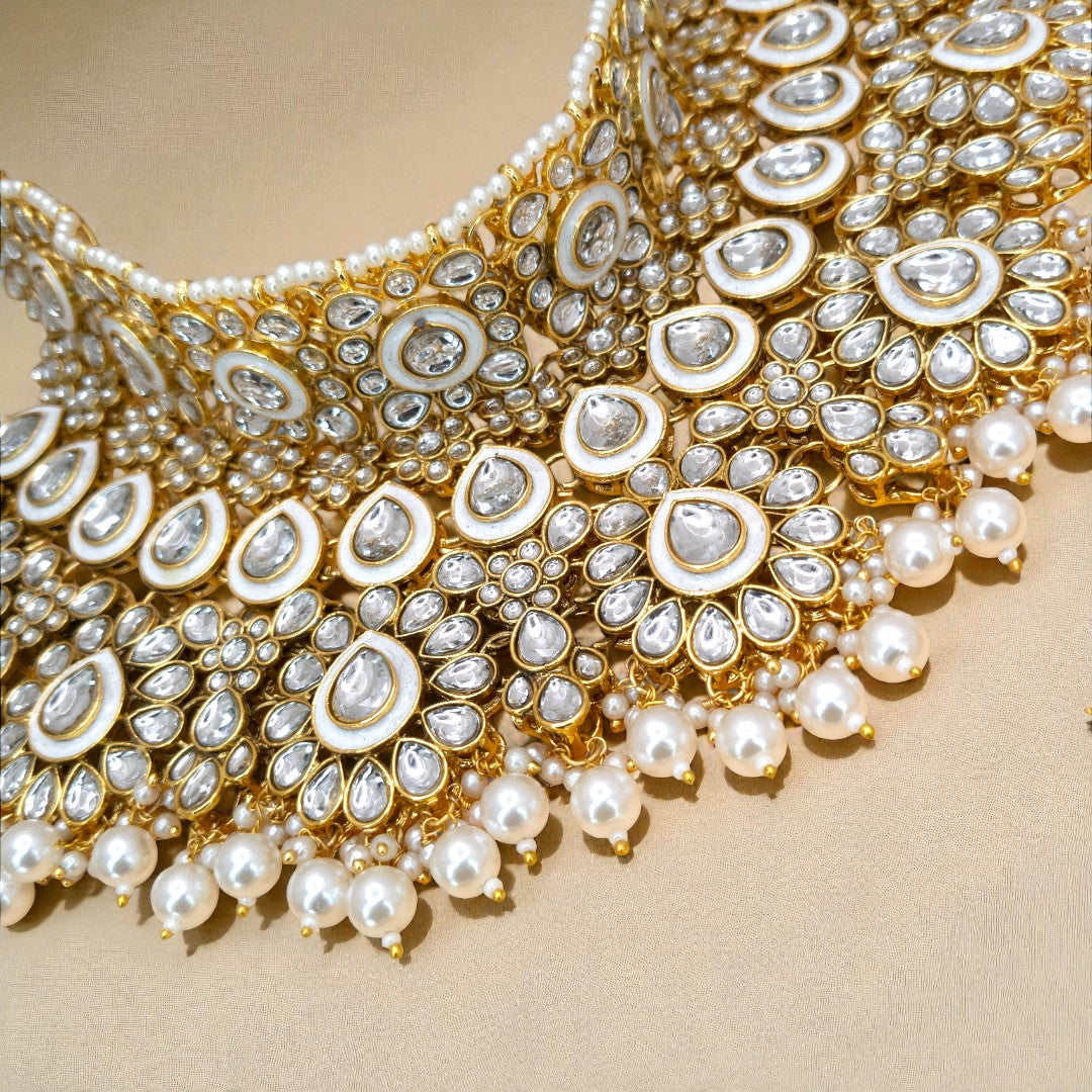 Kundan Necklace with Earrings & Tikka - gold | white