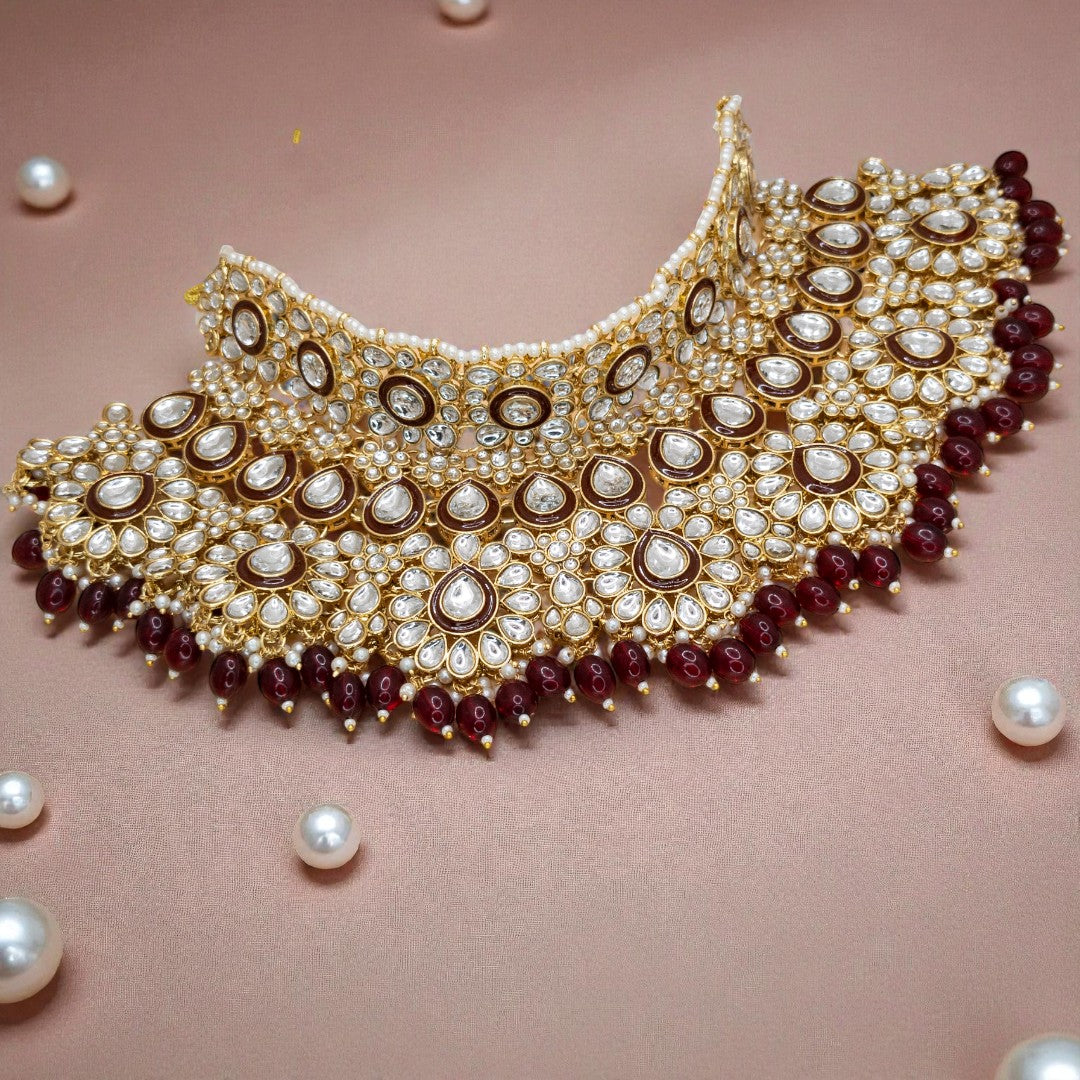 Kundan Necklace with Earrings & Tikka - gold | white