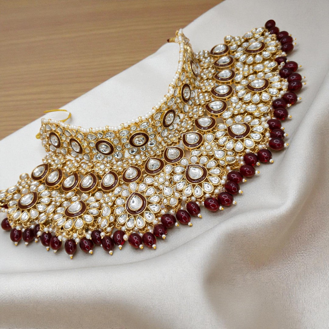 Kundan Necklace with Earrings & Tikka - gold | white