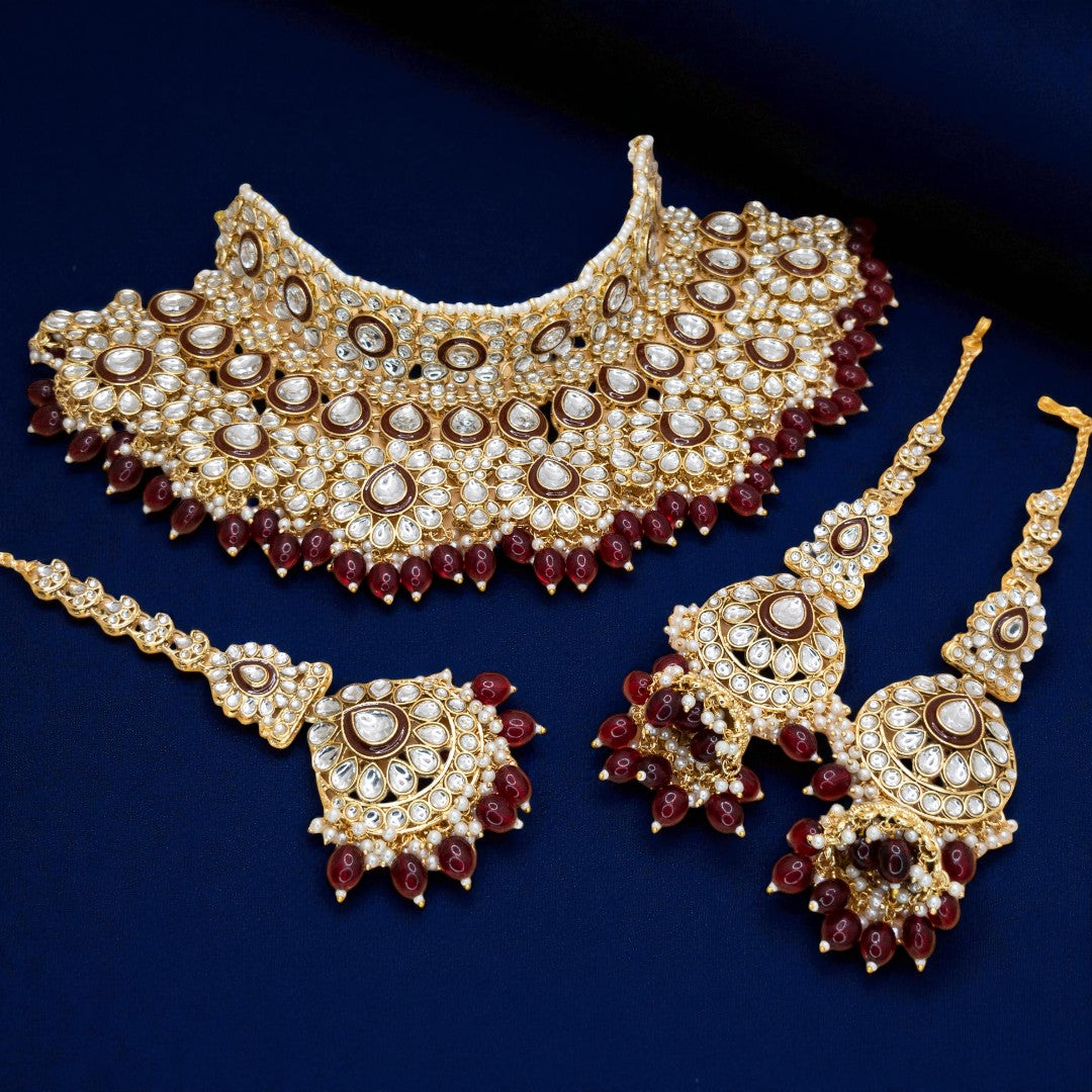 Kundan Necklace with Earrings & Tikka - gold | white