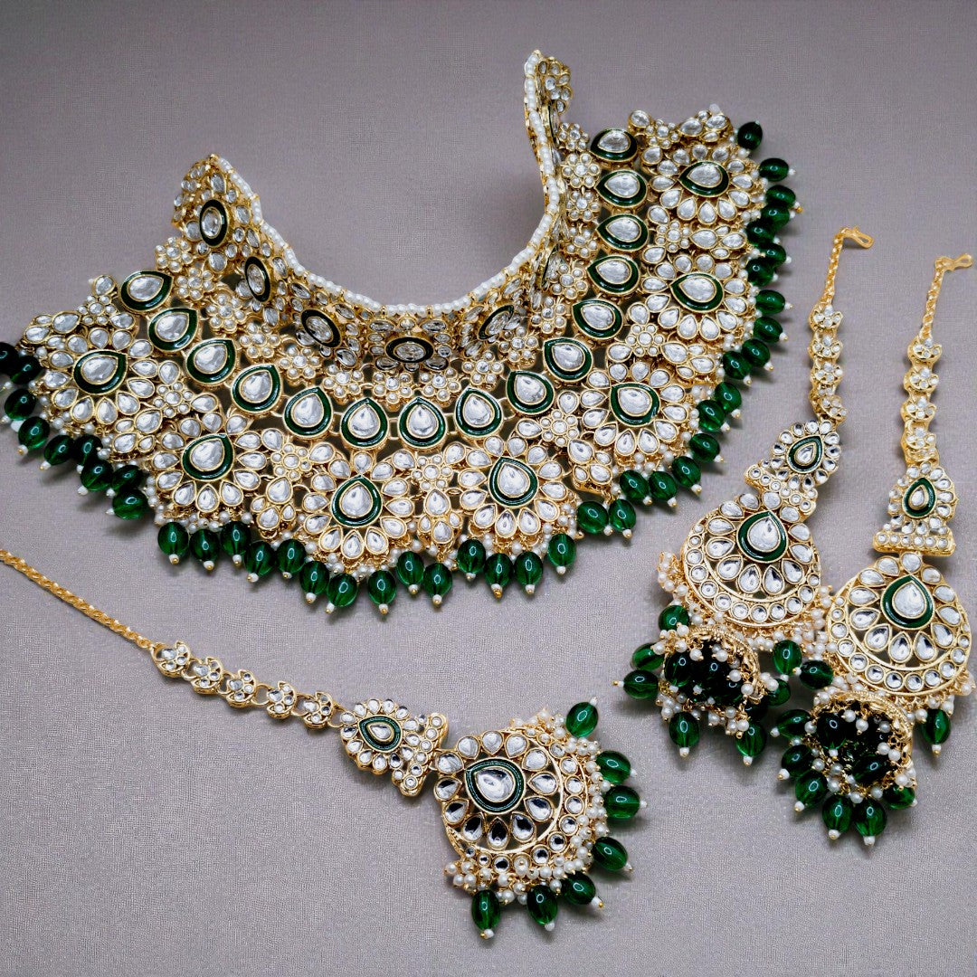 Kundan Necklace with Earrings & Tikka - gold | white