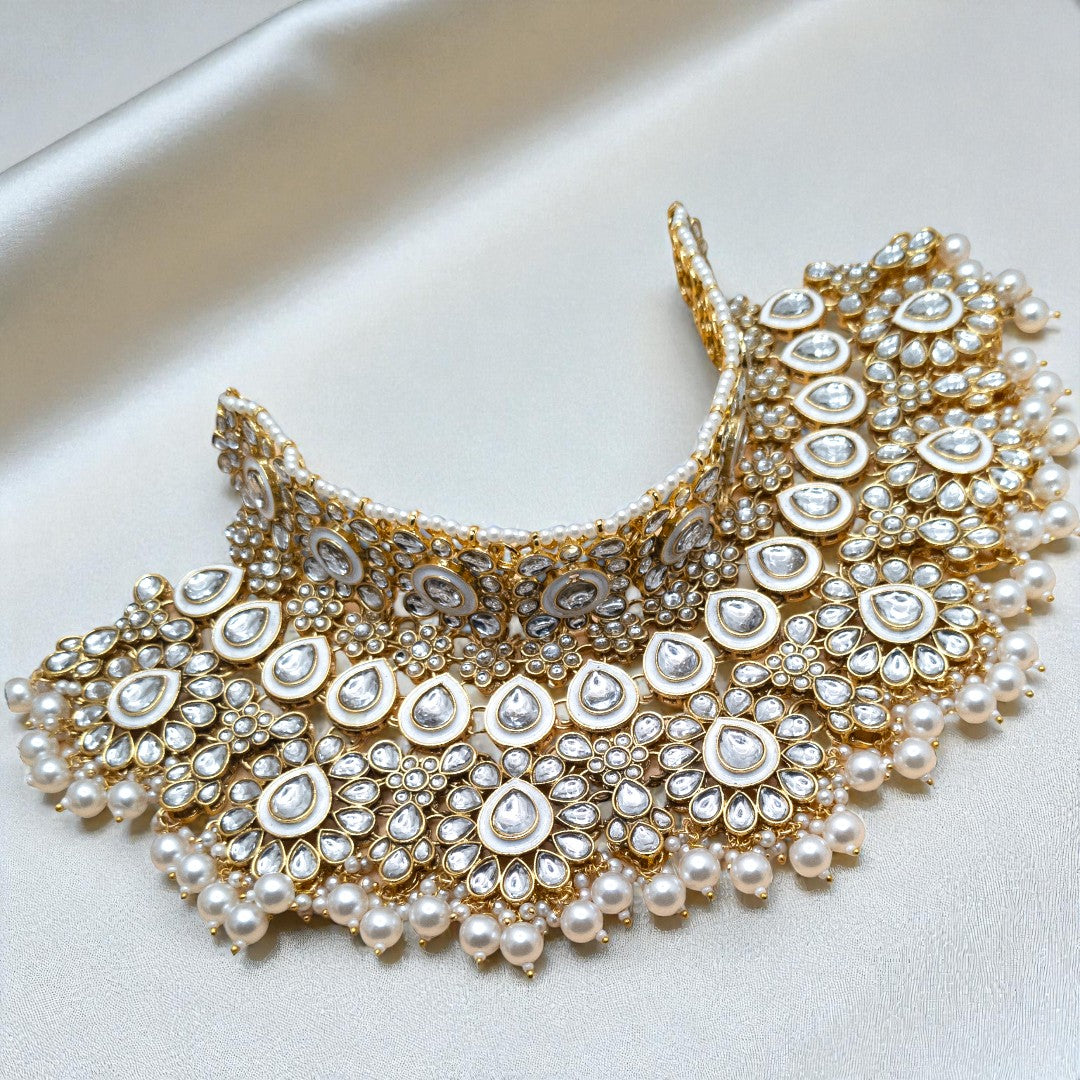 Kundan Necklace with Earrings & Tikka - gold | white