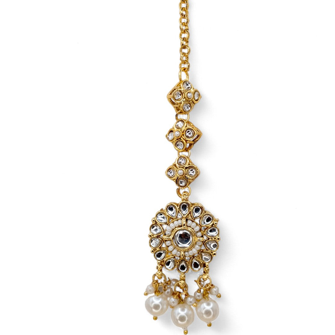 Kundan Necklace with Earrings & Tikka - gold | white