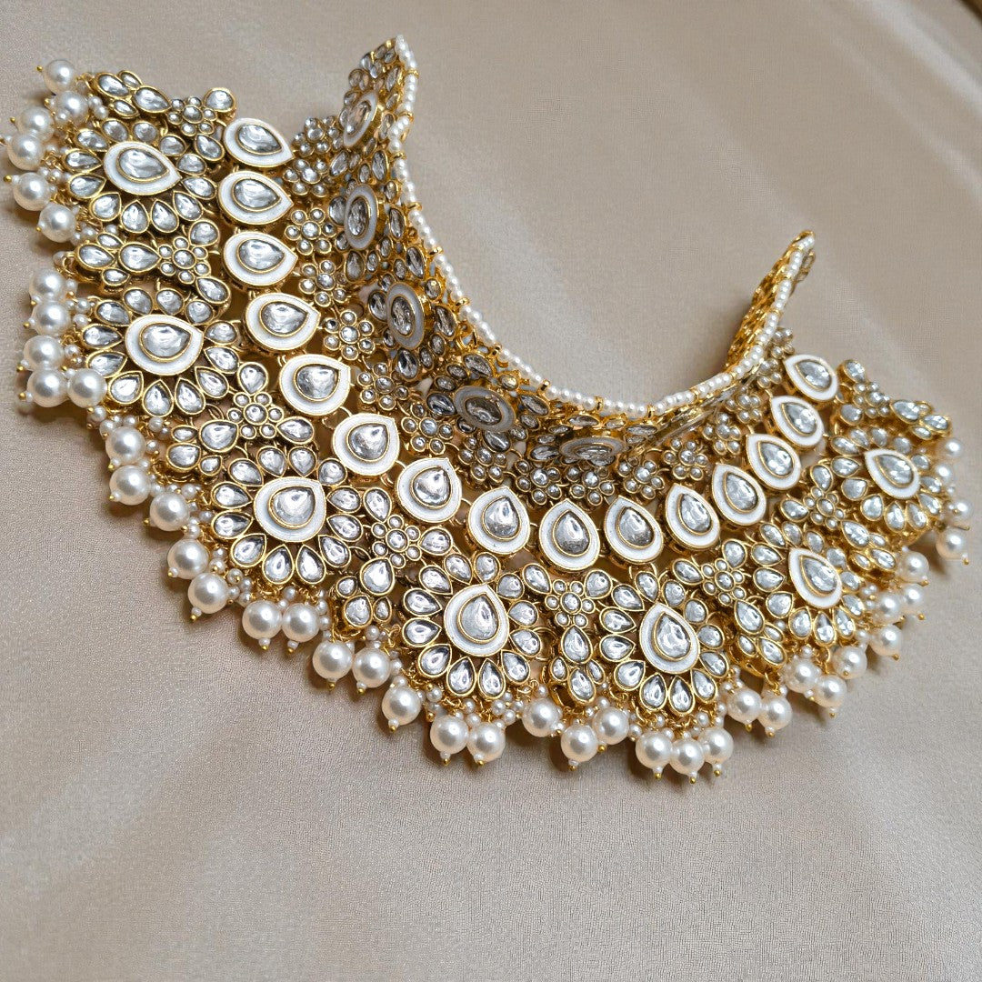 Kundan Necklace with Earrings & Tikka - gold | white