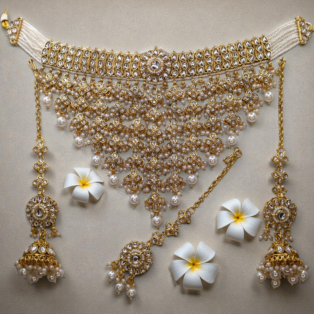 Kundan Necklace with Earrings & Tikka - gold | white