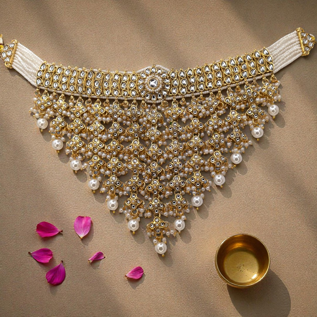 Kundan Necklace with Earrings & Tikka - gold | white