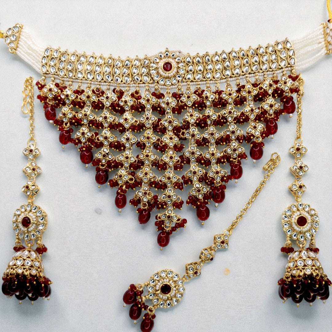 Kundan Necklace with Earrings & Tikka - gold | white
