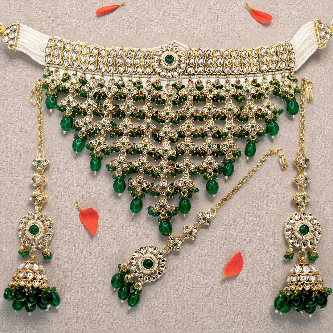 Kundan Necklace with Earrings & Tikka - gold | white