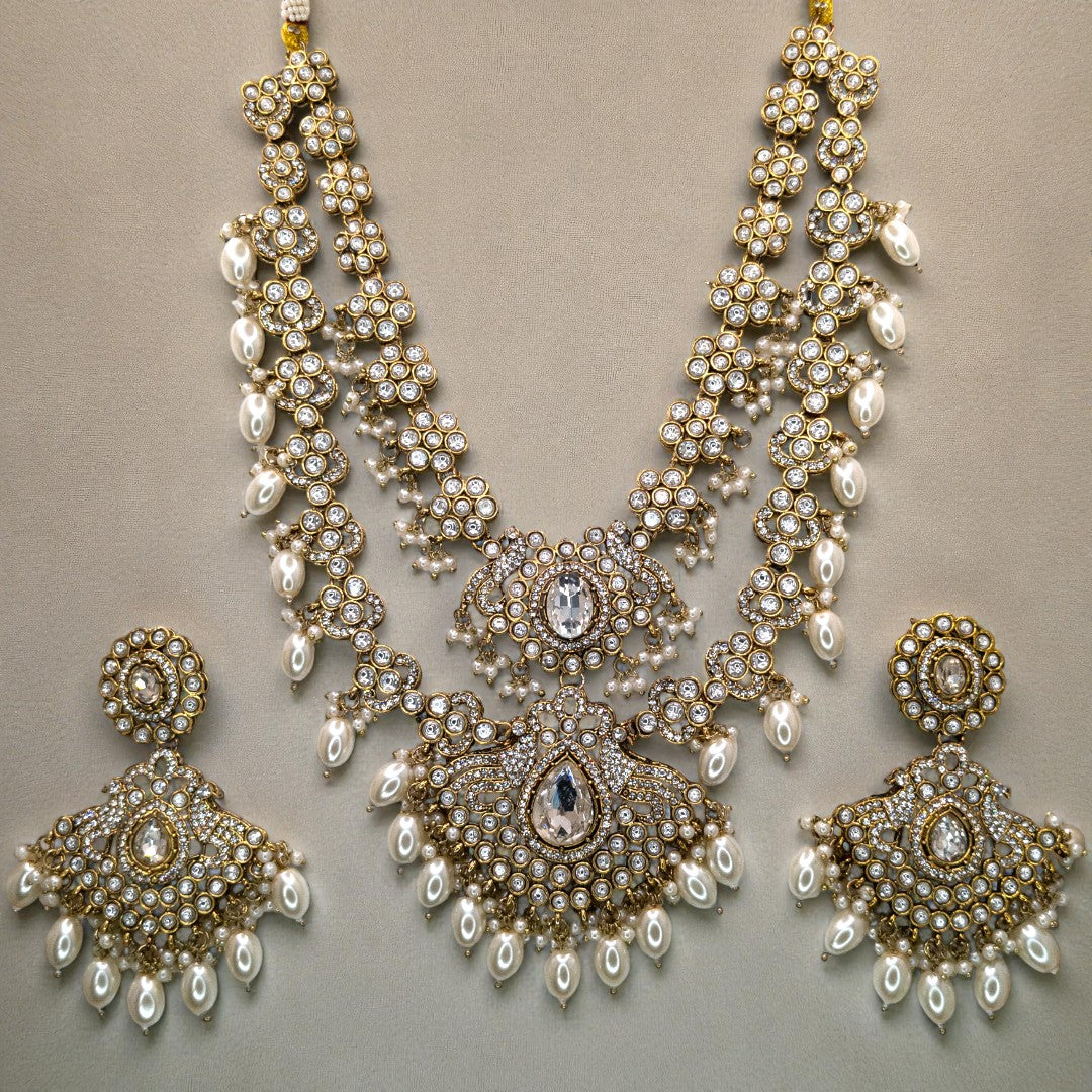 Kundan Necklace with Earrings & Tikka - gold | white