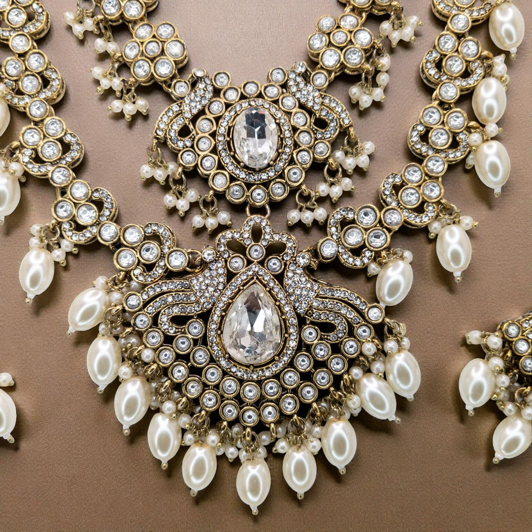 Kundan Necklace with Earrings & Tikka - gold | white