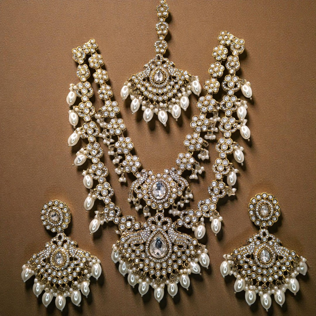 Kundan Necklace with Earrings & Tikka - gold | white