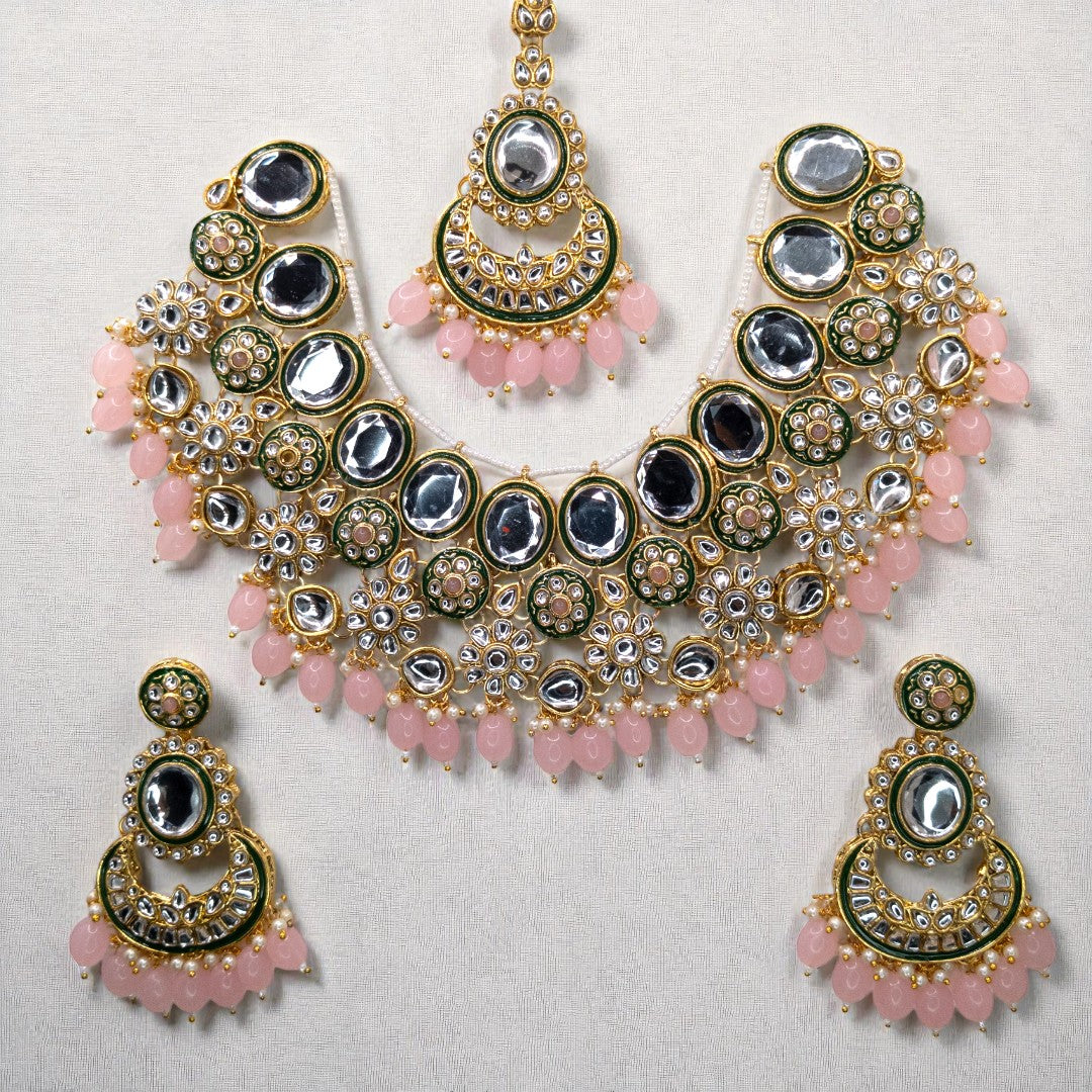 Kundan Choker Halskette mit Ohrringe & Tikka - gold | rosa