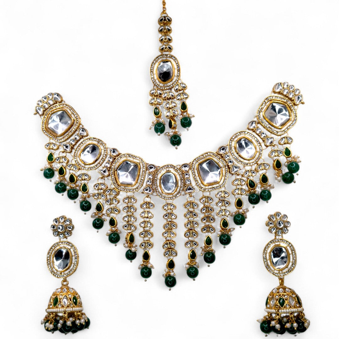 Kundan Halskette mit Ohrringe & Tikka - gold | grün