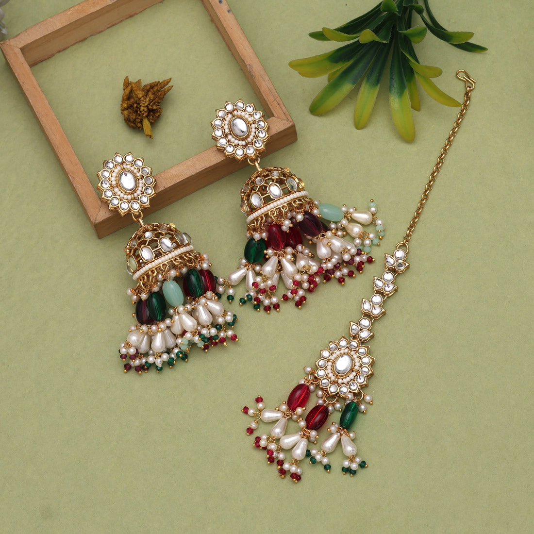 Kundan Necklace with Earrings & Tikka - gold | white