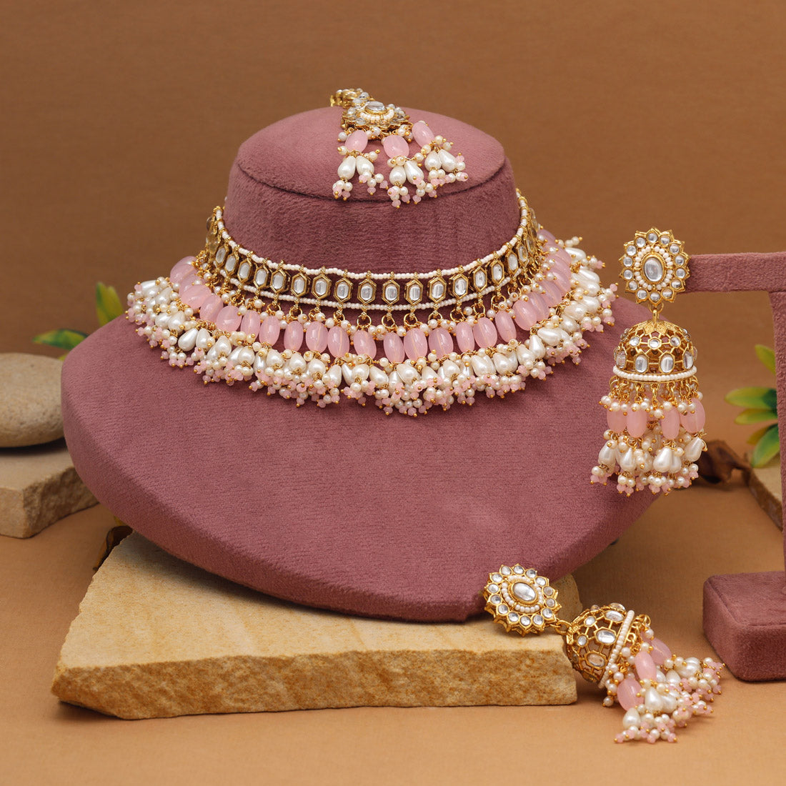 Kundan Choker Halskette mit Ohrringe & Tikka - gold | Rosa