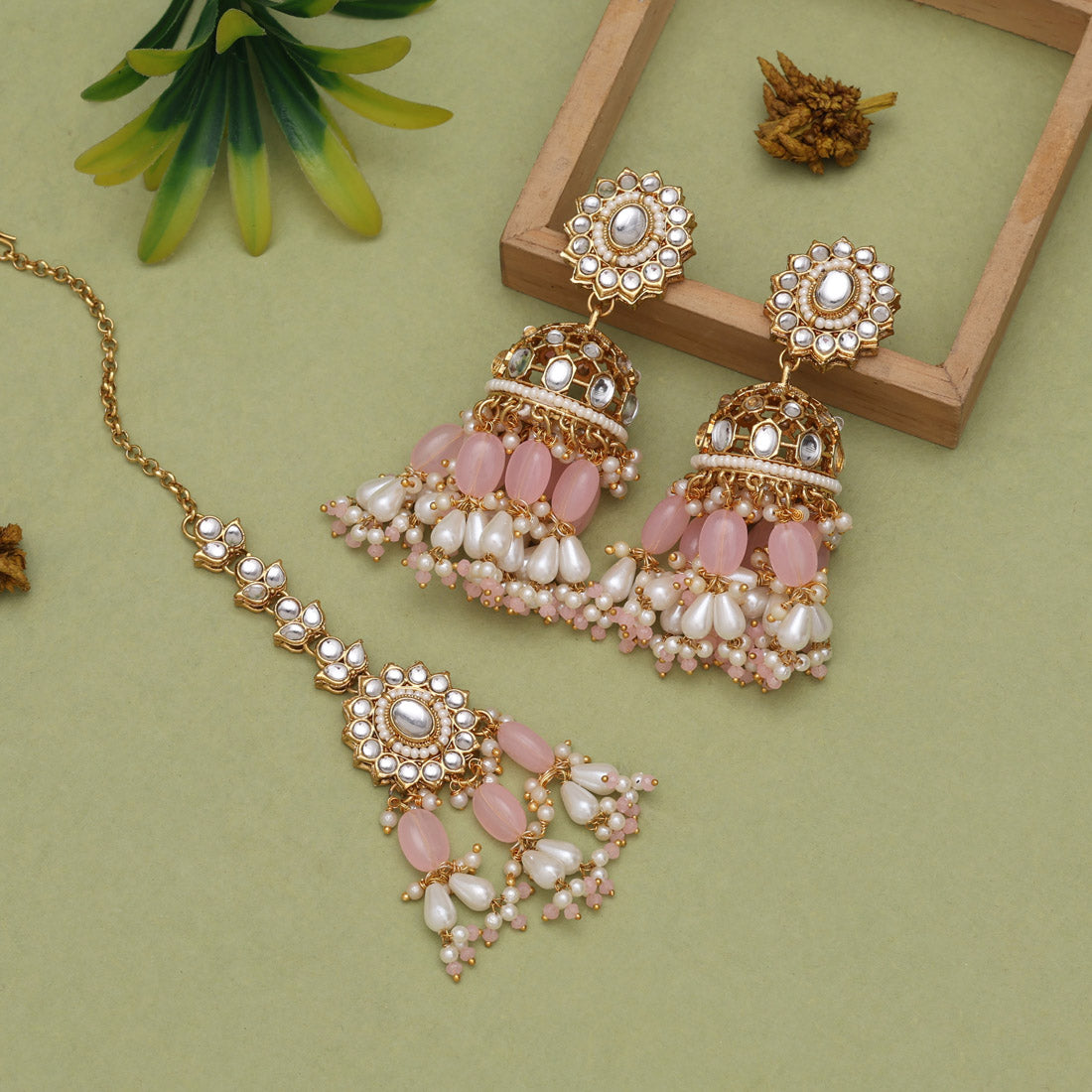 Kundan Choker Halskette mit Ohrringe & Tikka - gold | Rosa