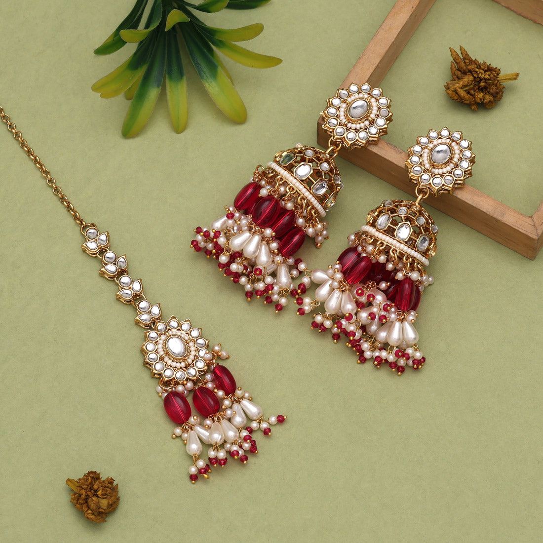 Kundan Necklace with Earrings & Tikka - gold | white