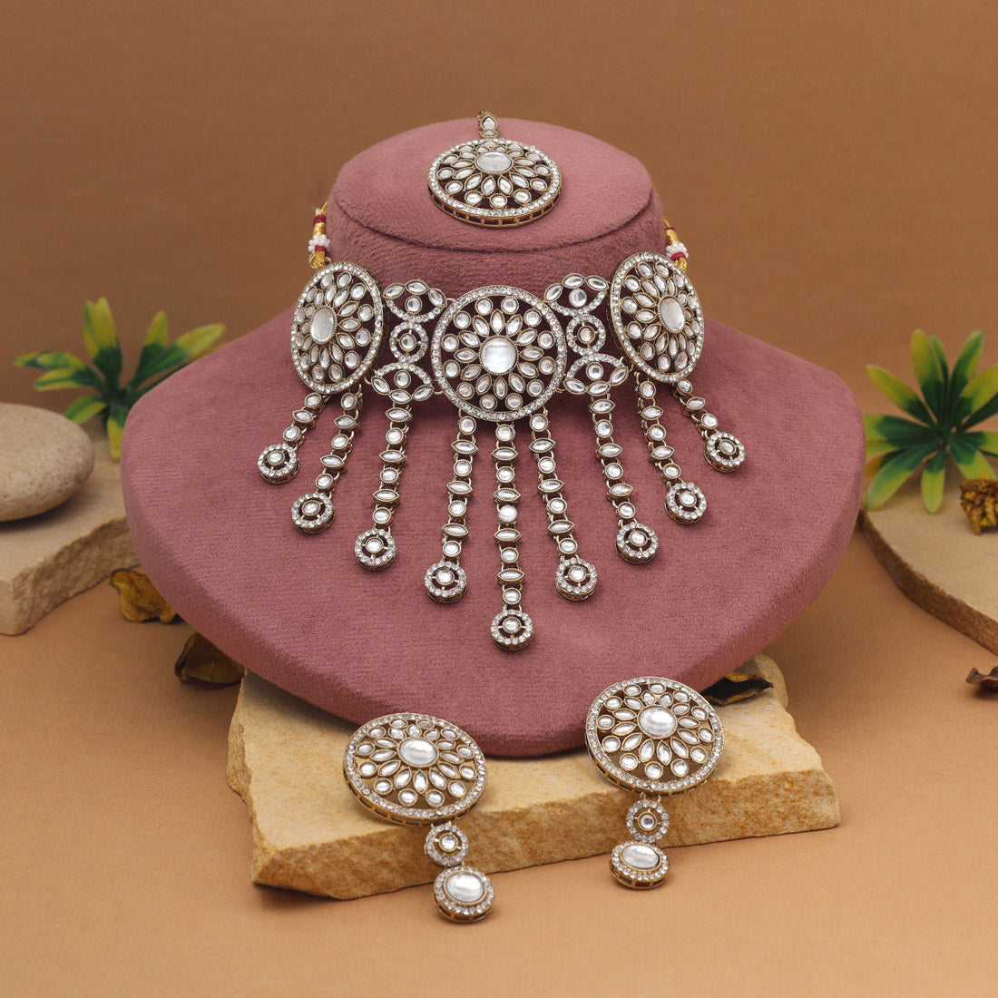 Kundan Halskette mit Ohrringe & Tikka - gold | weiß
